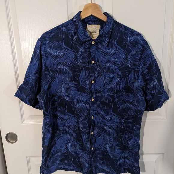 Silk/ linen button down, blue, botanical, L - Picture 1 of 3
